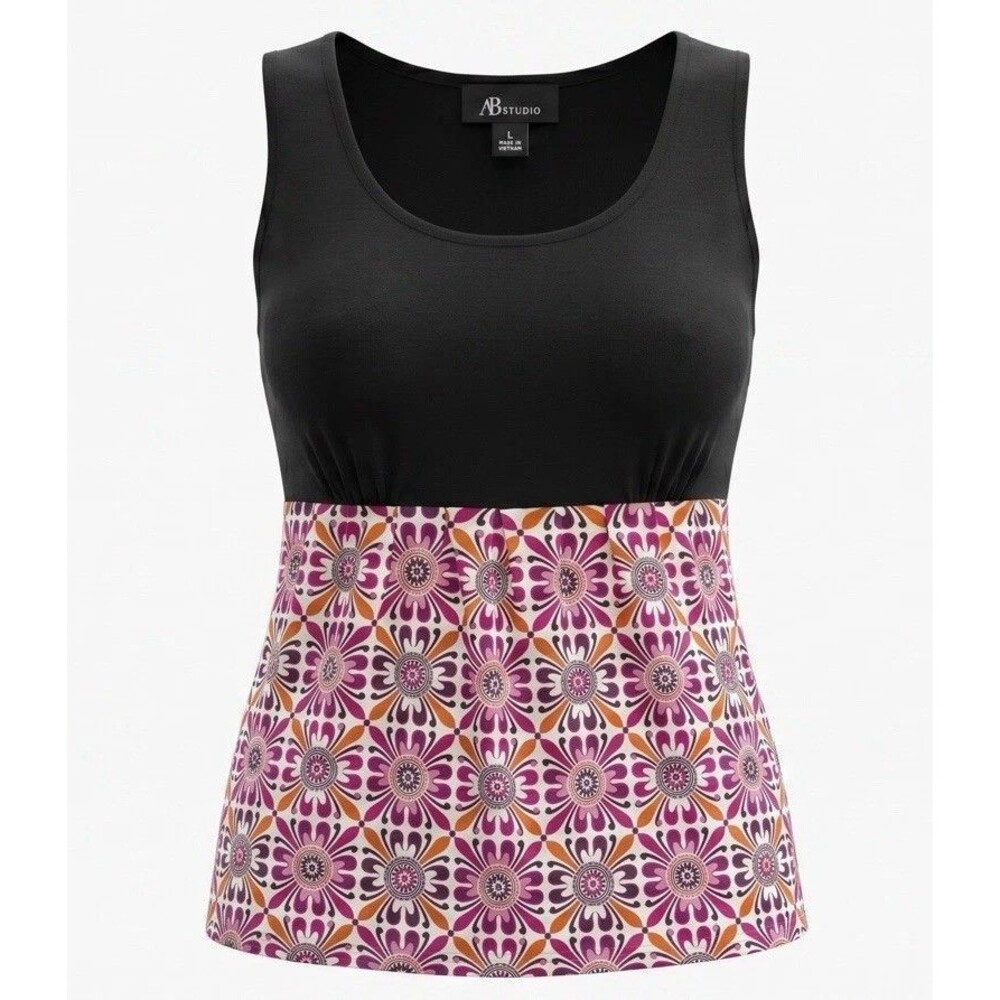 NWT AB Studio Black Purple Floral Empire Waist Cami Tank Top Size Large
